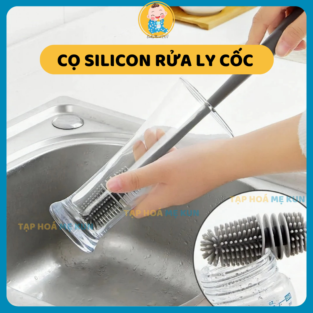Cọ silicon rửa ly cốc chén tay cầm dài tiện lợi, cọ vệ sinh ly cốc nhà bếp đầu silicon mềm