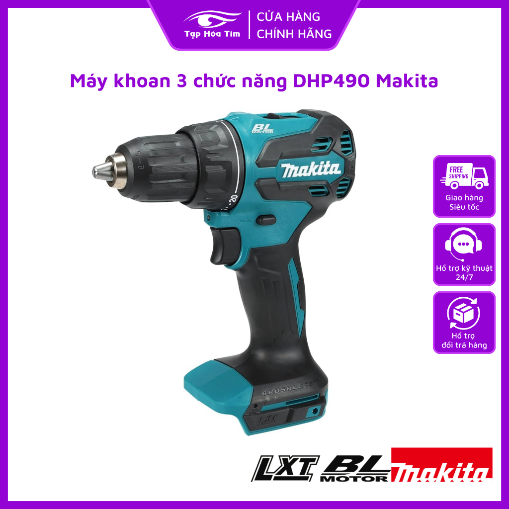 Máy Khoan Pin Makita DHP490 - 3 Chức Năng, Động Cơ BL (Không Than) - Hàng Chính Hãng