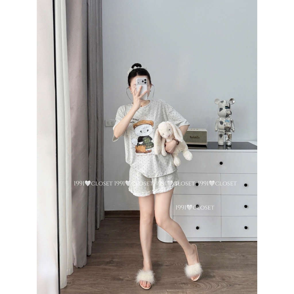 Set Áo Thun Chấm Bi In Hình Mèo Kèm Quần HT • Melanie Boutique