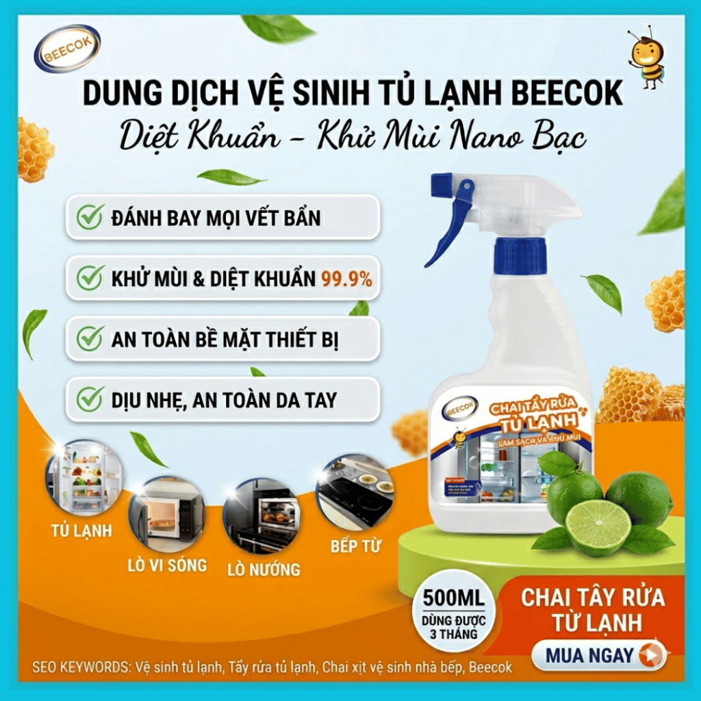 Xịt Vệ Sinh Tủ Lạnh Beecok 500ml Hương Chanh – Làm Sạch Khử Mùi Tủ Lạnh, Lò Nướng, Bếp Từ An Toàn, Hiệu Quả