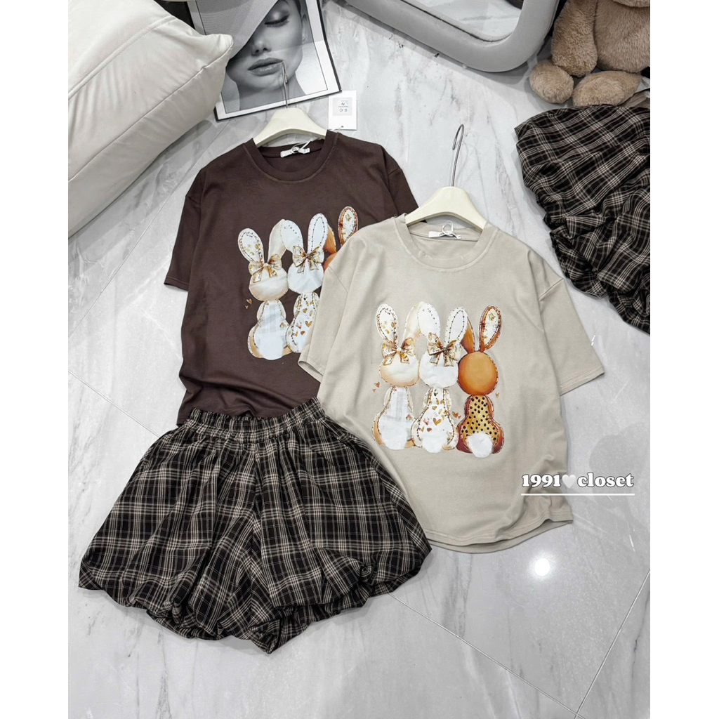 Set Áo Thun In Hình Thỏ Kèm Quần Kẻ Dáng Bí HT • Melanie Boutique
