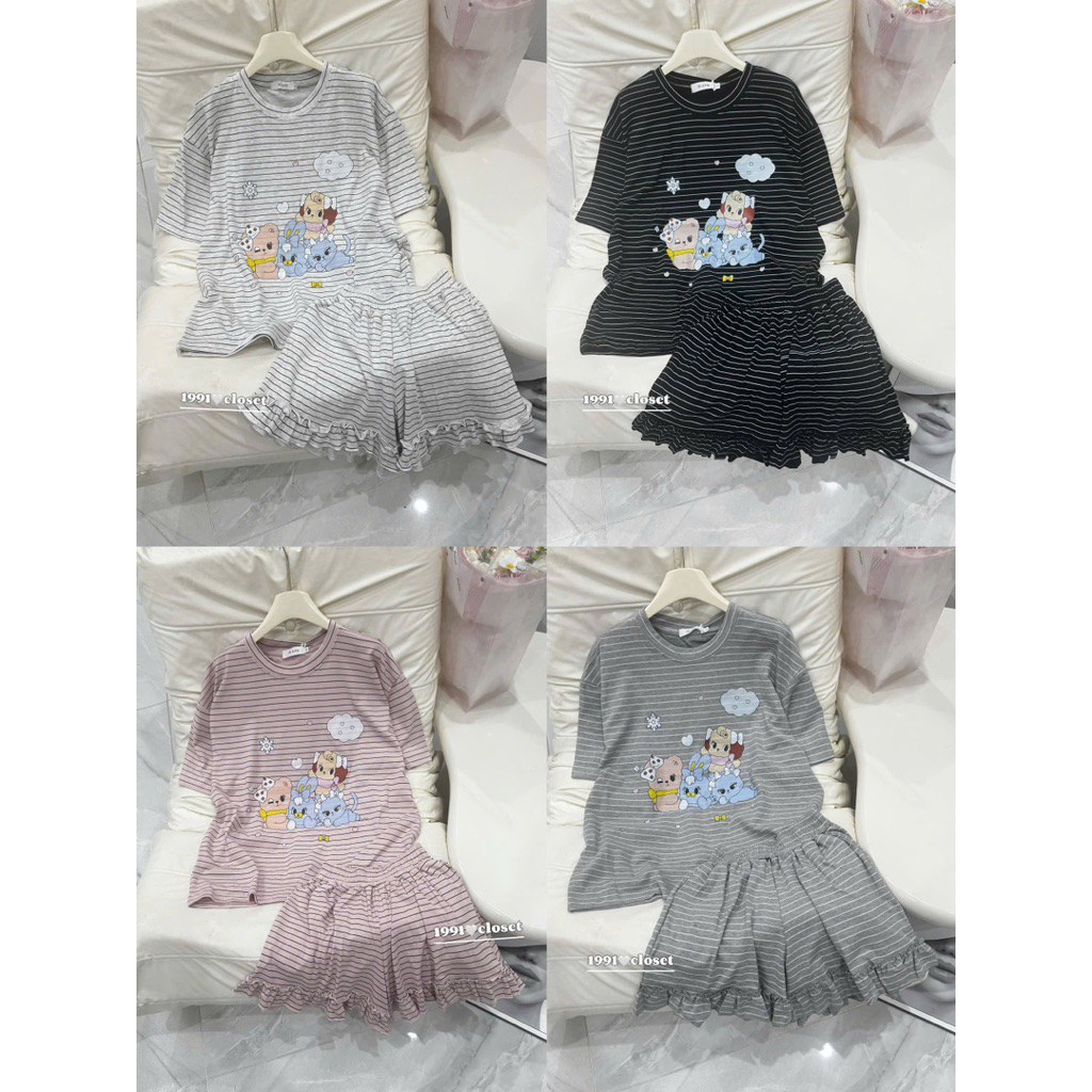 Set Áo Thun Kẻ In Hoạt Hình Kèm Quần HT • Melanie Boutique