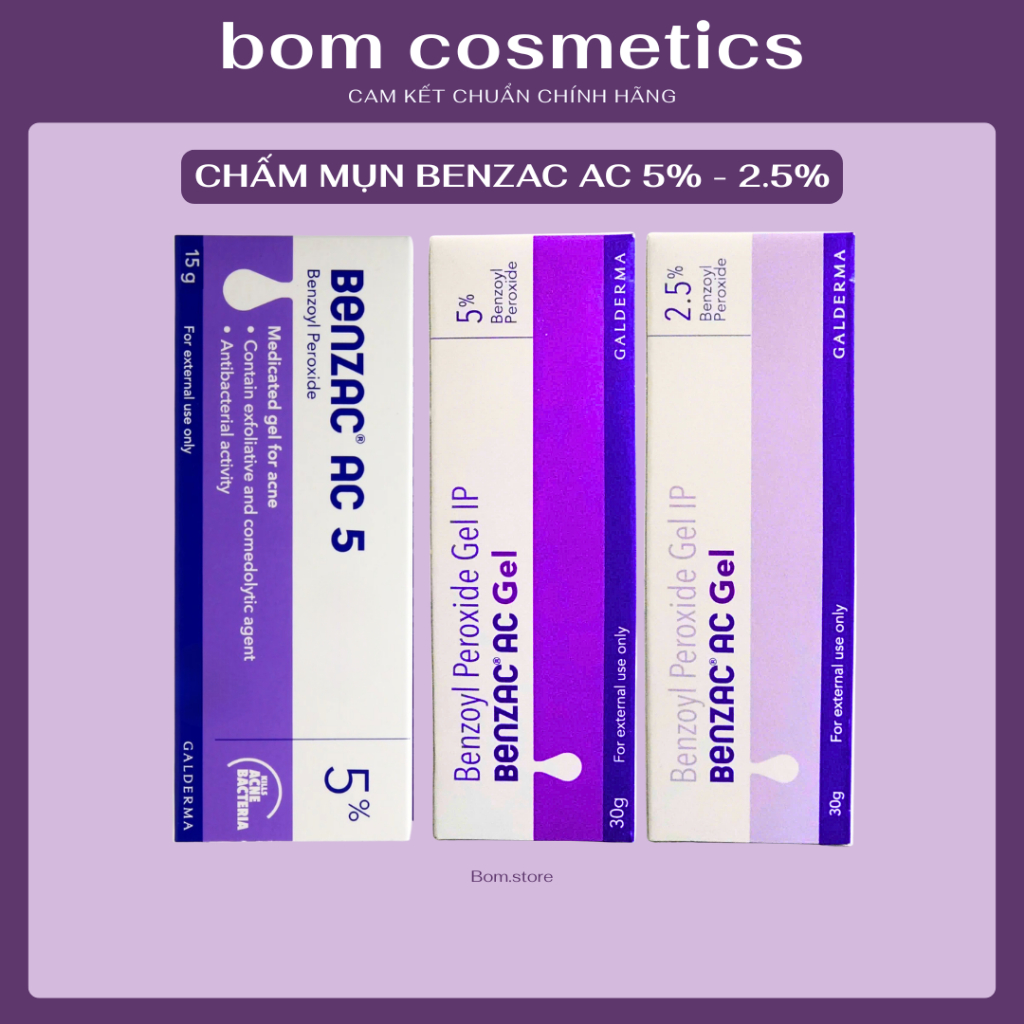 Gel chấm mụn Benzac AC 5% 2.5% Benzoyl Peroxide 5% 2.5% gel hỗ trợ giảm mụn mờ thâm