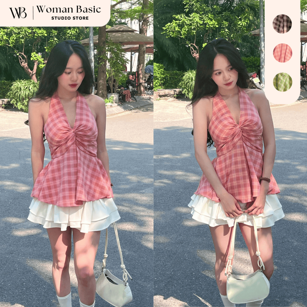 Áo yếm nữ WOMAN BASIC xoắn ngực lưng chun họa tiết kẻ caro co dãn CÓ MÚT chất thô cotton caro AY11 | BigBuy360 - bigbuy360.vn