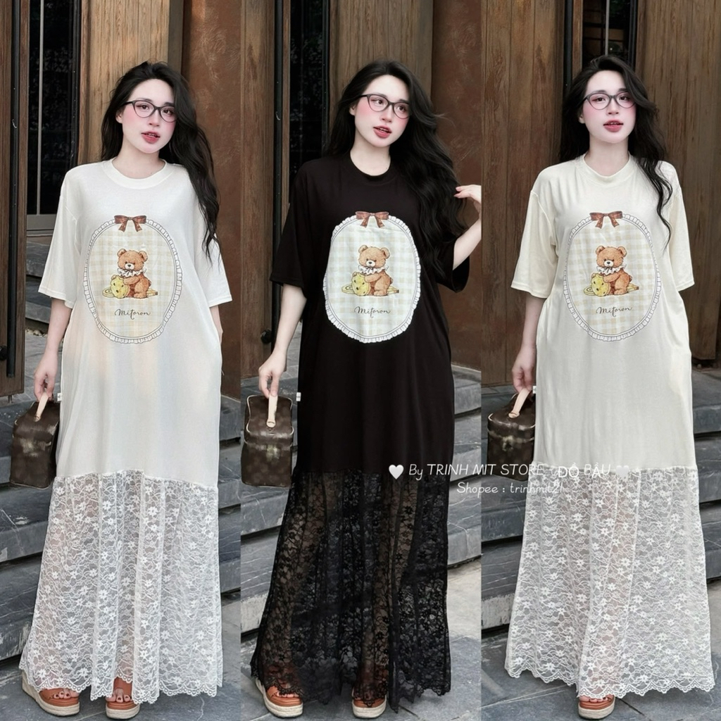 (Form Dài) Váy Suông Hình Gấu Tròn Phối Chân Ren - Chất Cotton Lạnh Form Suông Rộng