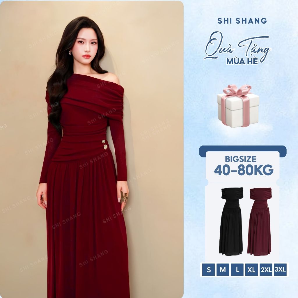 [𝐋𝐨𝐚̣𝐢 𝟏] Đầm Dự Tiệc Lệch Vai Dáng Dài Thiết Kế Bigsize, Váy Trễ Vai Nhún Eo Chất Thun Dệt Kim Thanh Lịch - SH016