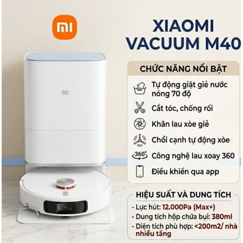 [Giá tốt] Robot hút bụi lau nhà Xiaomi M40 new, chổi chống rối, xòe giẻ, xòe chổi, 12000Pa