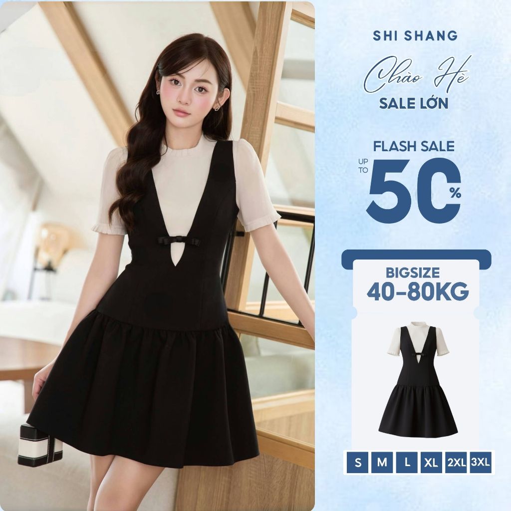 [𝐇𝐨𝐭𝐭𝐫𝐞𝐧𝐝] Váy thiết kế Bigsize Shi Shang, Váy cổ yếm phối tơ dáng ngắn DNC02