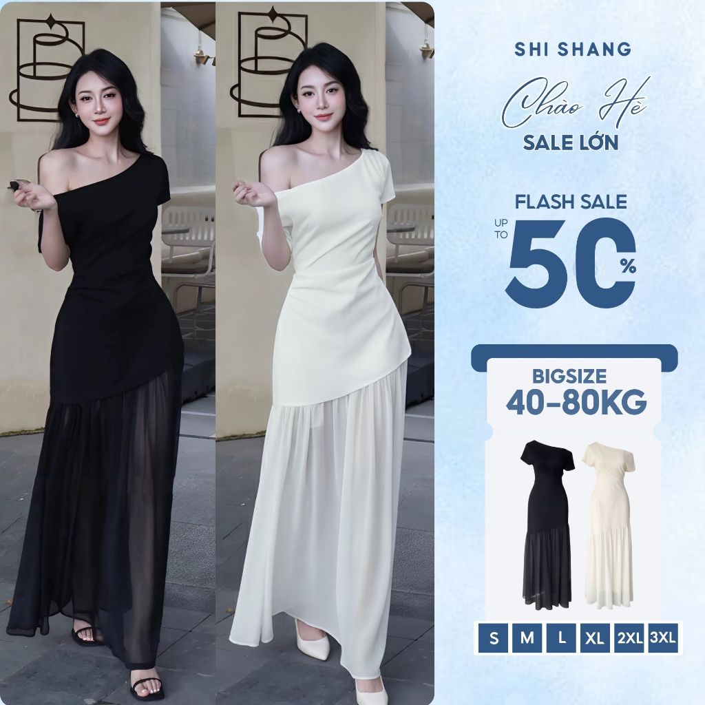 [𝐇𝐚̀𝐧𝐠 𝐐𝐮𝐚̉𝐧𝐠 𝐂𝐡𝐚̂𝐮 - 𝟐 𝐋𝐨̛́𝐩] Đầm Lệch Vai Dáng Dài Phối Tơ Xòe, Váy Tiệc Bigsize Thiết Kế by 𝐒𝐇𝐈 𝐒𝐇𝐀𝐍𝐆 | BigBuy360 - bigbuy360.vn