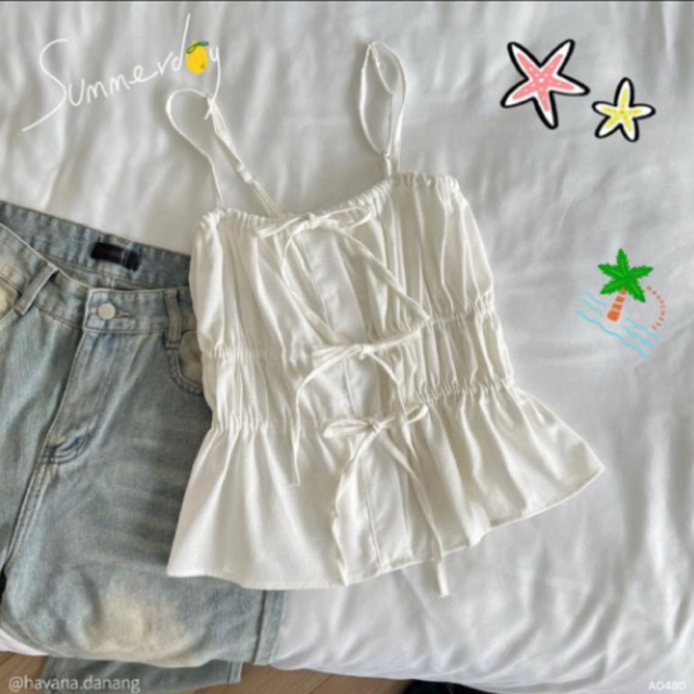 (PASS) (PB.HAVANA) Áo hai dây SANSA linen bo chun phối dãy rút summer AO480