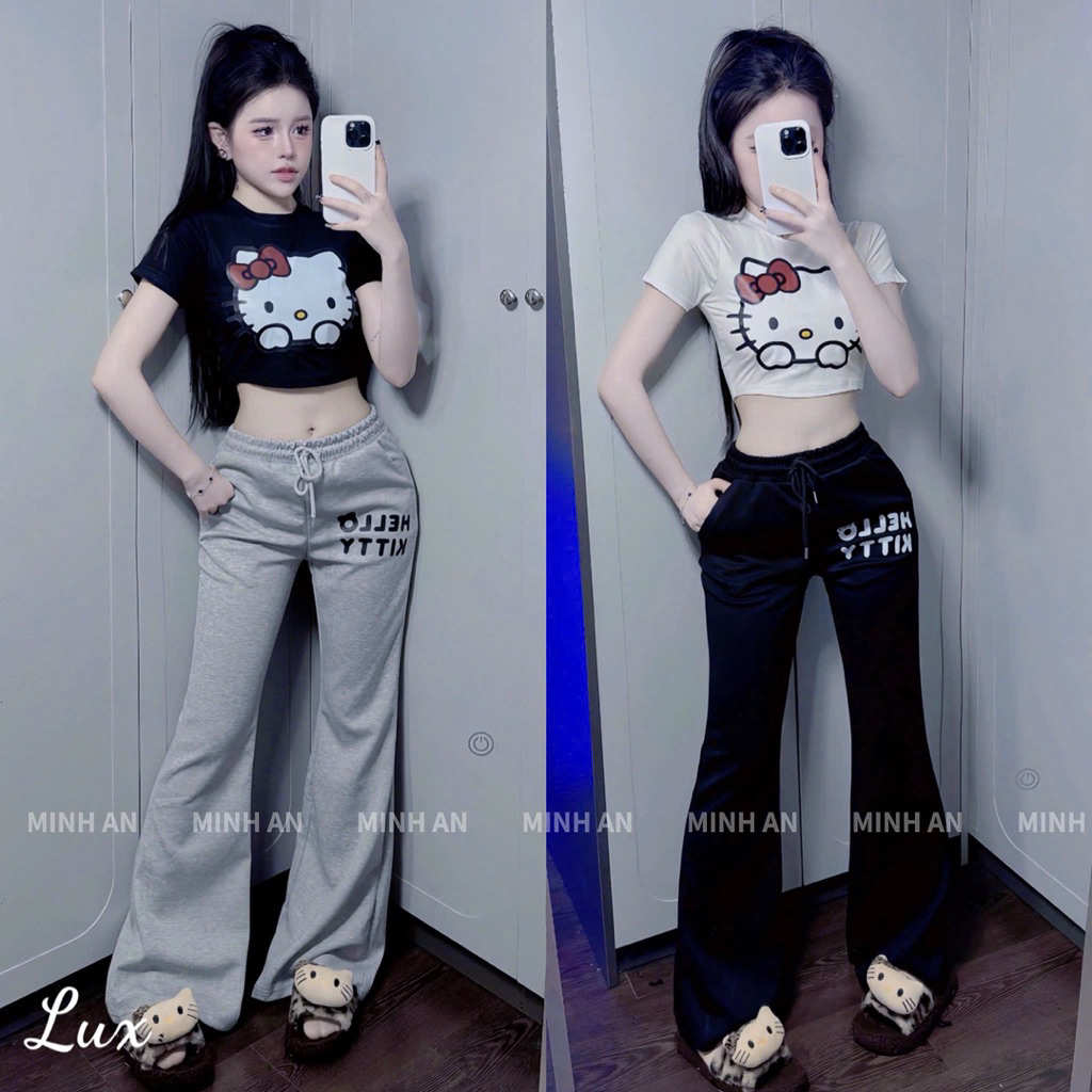 Set áo thun Hello Kitty form ôm phối quần loe dài Y2K – outfit nữ cá tính hack dáng freesize