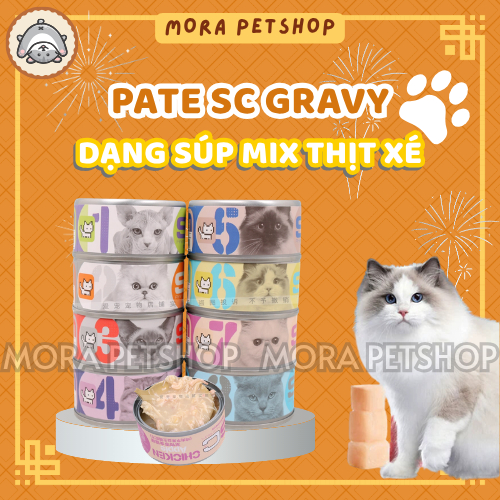 Pate SC cao cấp cho chó mèo, pate SC GRAVY súp thịt sợi dưỡng lông, mix 8 vị