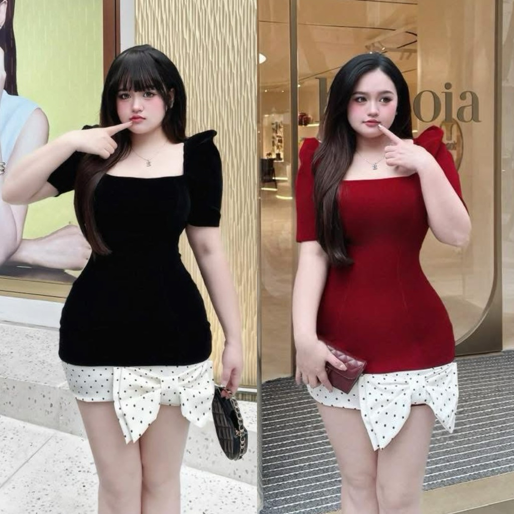 BIGSIZETIX D227 Đầm dự tiệc tiểi thư nhung thiết kế cổ vuông tay phồng phối nơ xinh xắn 50-90kg