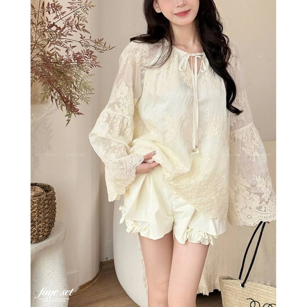 Áo ren trắng tay loe Hàn Quốc vintage nữ tính tiểu thư (quần bán lẻ) By Jolie Jeace Studio SET71