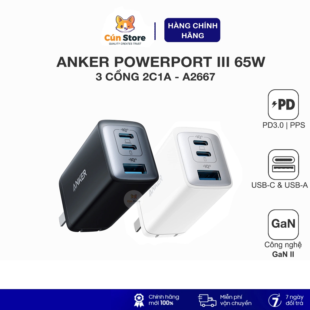 Củ sạc nhanh Anker 65W Nano II 3 cổng - A2667, hỗ trợ sạc PD/IQ 3.0 cho Laptop | Bảo hành 12 tháng