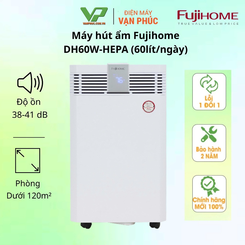 Máy hút ẩm Fujihome DH60W-HEPA (60lít/ngày) kết nối Wifi, màng HEPA