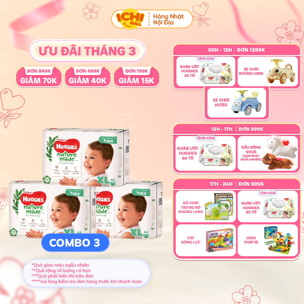 Combo 3 gói Tã bỉm dán/quần HUGGIES PLATIUM NATURE MADE size M58/L44/XL 38/XXL26/S82/NB60 - Hàng chí