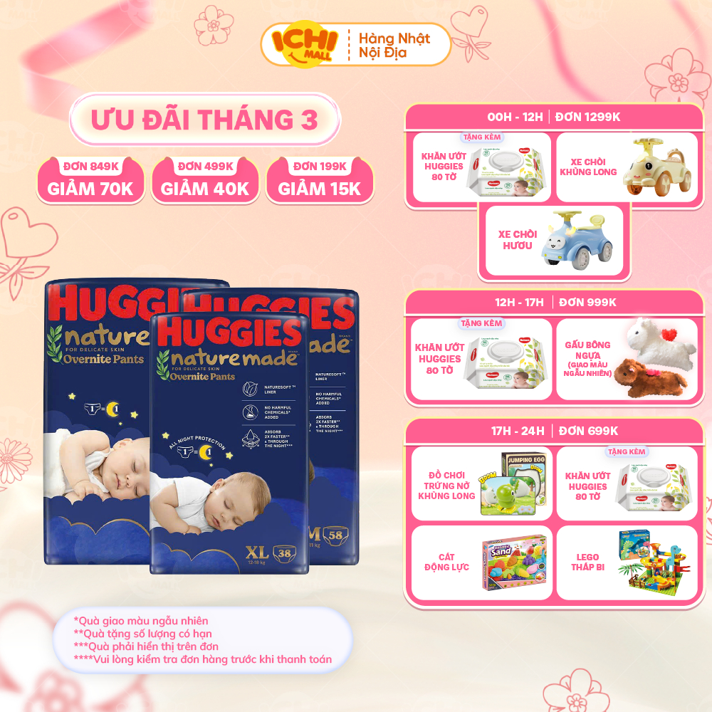 [LIVE X] Bỉm Tã Quần ban ĐÊM Huggies Platinum Nature Made M58/L44/XL38/XXL26 _Ichimall