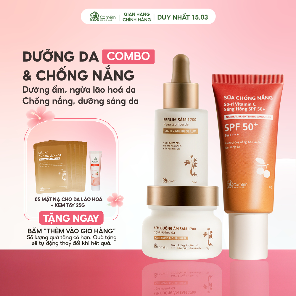 Bộ Chăm Sóc Da 3 Bước Chống Nắng Sơ-ri Vitamin C Dưỡng Sáng Da Serum Kem Dưỡng Ngừa Lão Hoá Sâm 1700