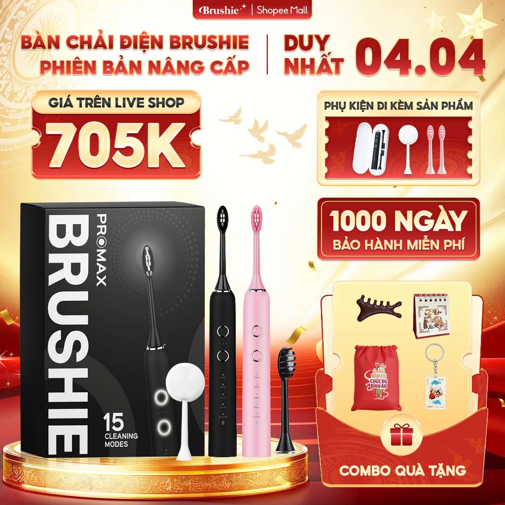 [GIÁ 679K LIVE ECOGO] Bàn chải điện Brushie Promax 15 chế độ làm sạch, set quà valentine tặng người 
