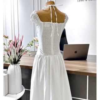 Đầm maxi nhúng thun ngực nơ vai