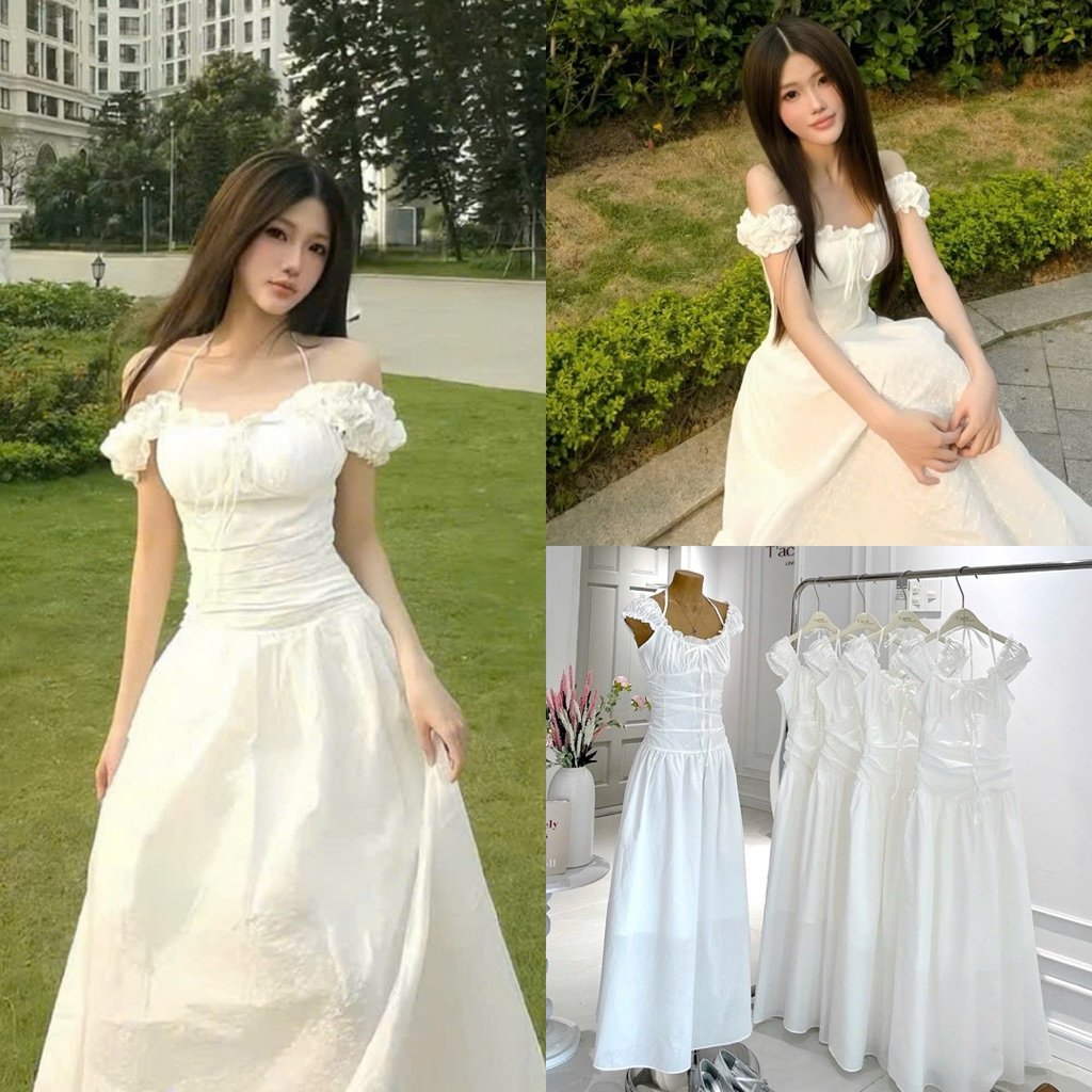 Đầm maxi nhúng thun ngực nơ vai