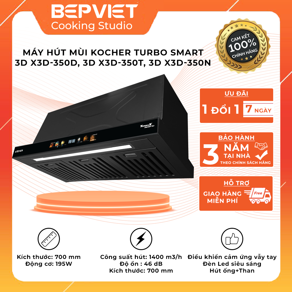 Máy hút mùi Kocher Turbo Smart 3D X3D-350D, X3D-350N, X3D-350T cống suất 1400m3/h điều khiển cảm ứng