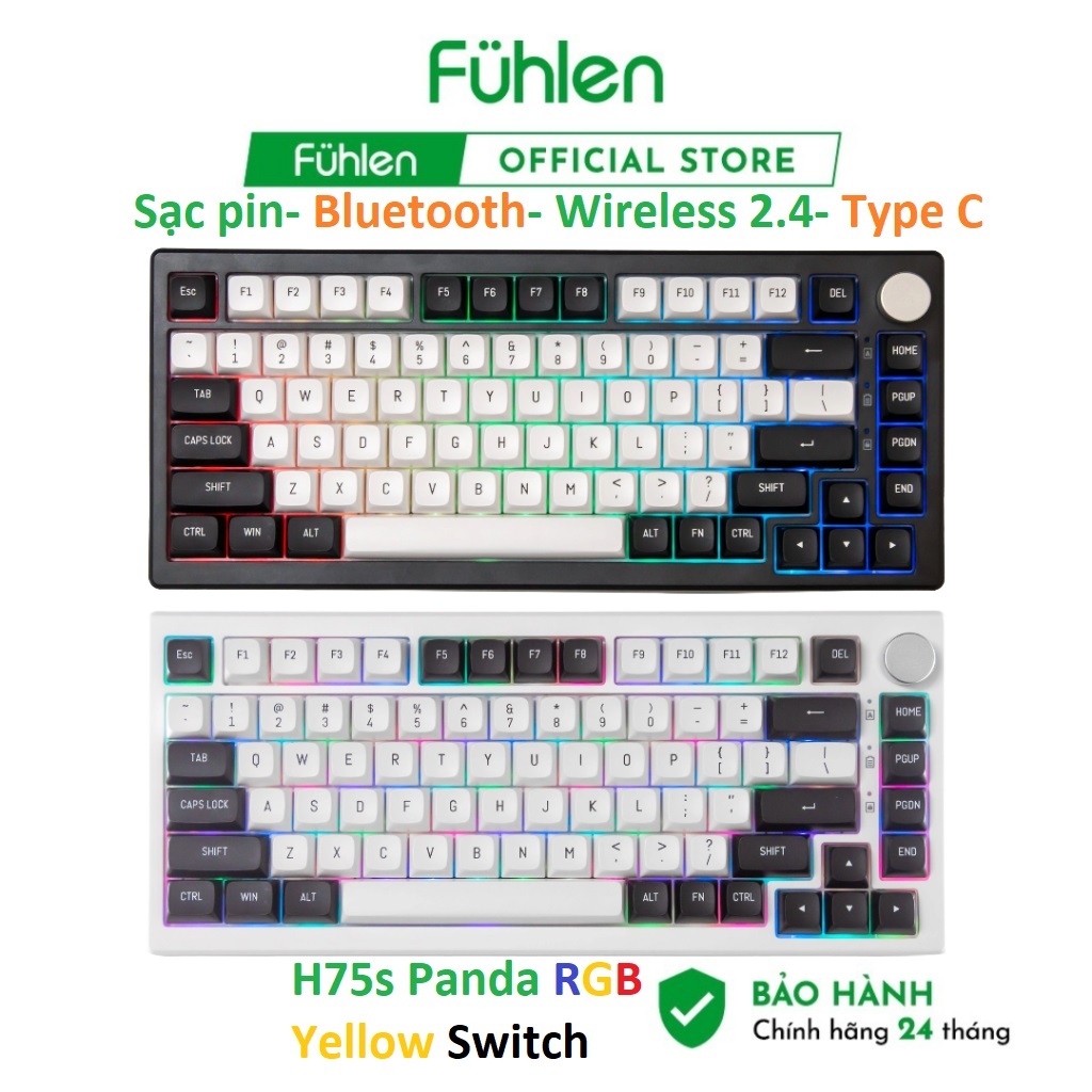 Bàn phím cơ Bluetooth Fuhlen H75s Panda Switch Yellow pro/ RGB Bảo Hành Chính Hãng 2 Năm