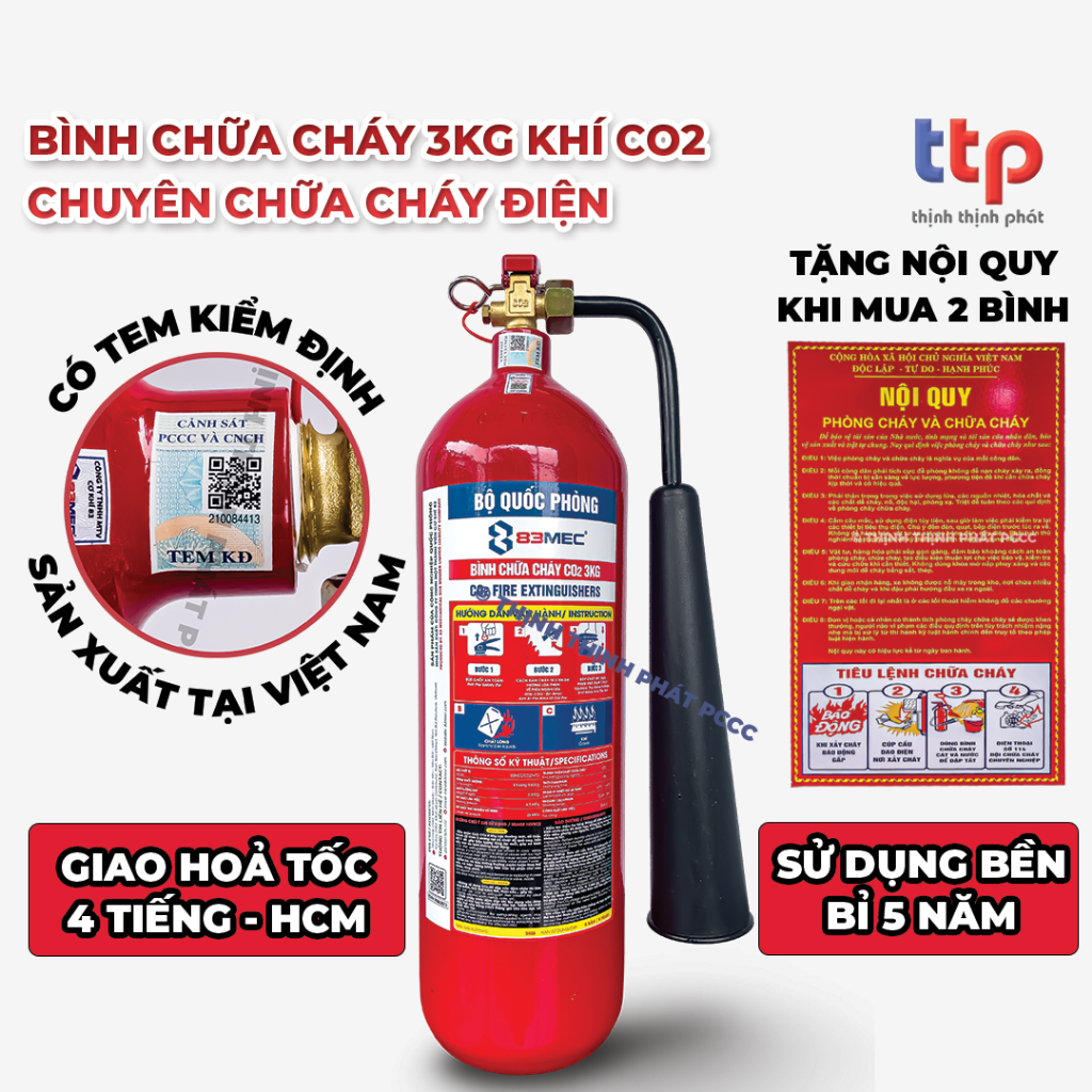 (Hoả tốc - HCM) Bình Chữa Cháy Khí CO2 3KG 83MEC Bộ Quốc Phòng Có Tem Kiểm Định Chuyên Dập Cháy Điện
