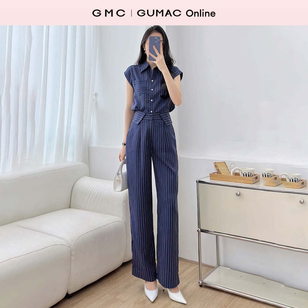 Set lẻ Áo sơ mi nữ tay liền xanh đen sọc thời trang GUMAC LAF0525 - Quần tây nữ suông lưng kiểu LQF0