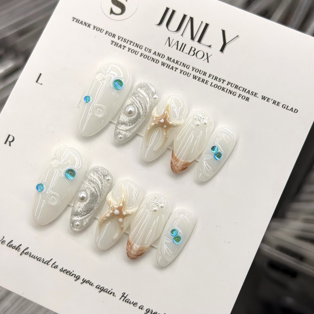 Nailbox tráng gương hoa nổi JUNLY - nail box thiết kế móng giả đi biển mùa hè 572