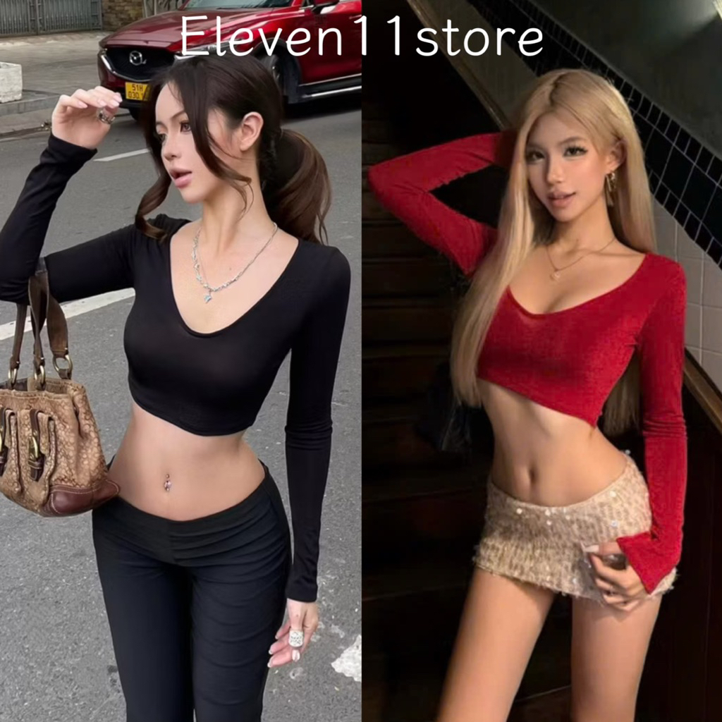 Áo croptop tay dài cổ tim - Eleven11store