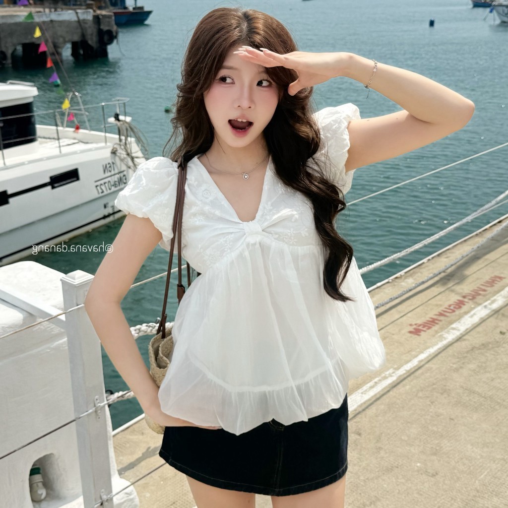 [BST HÈ 2026 - CHIOCO] Áo babydoll top tay bồng cổ tim dáng bí ngô, Áo BabyDoll Nữ Tay Phồng Style T