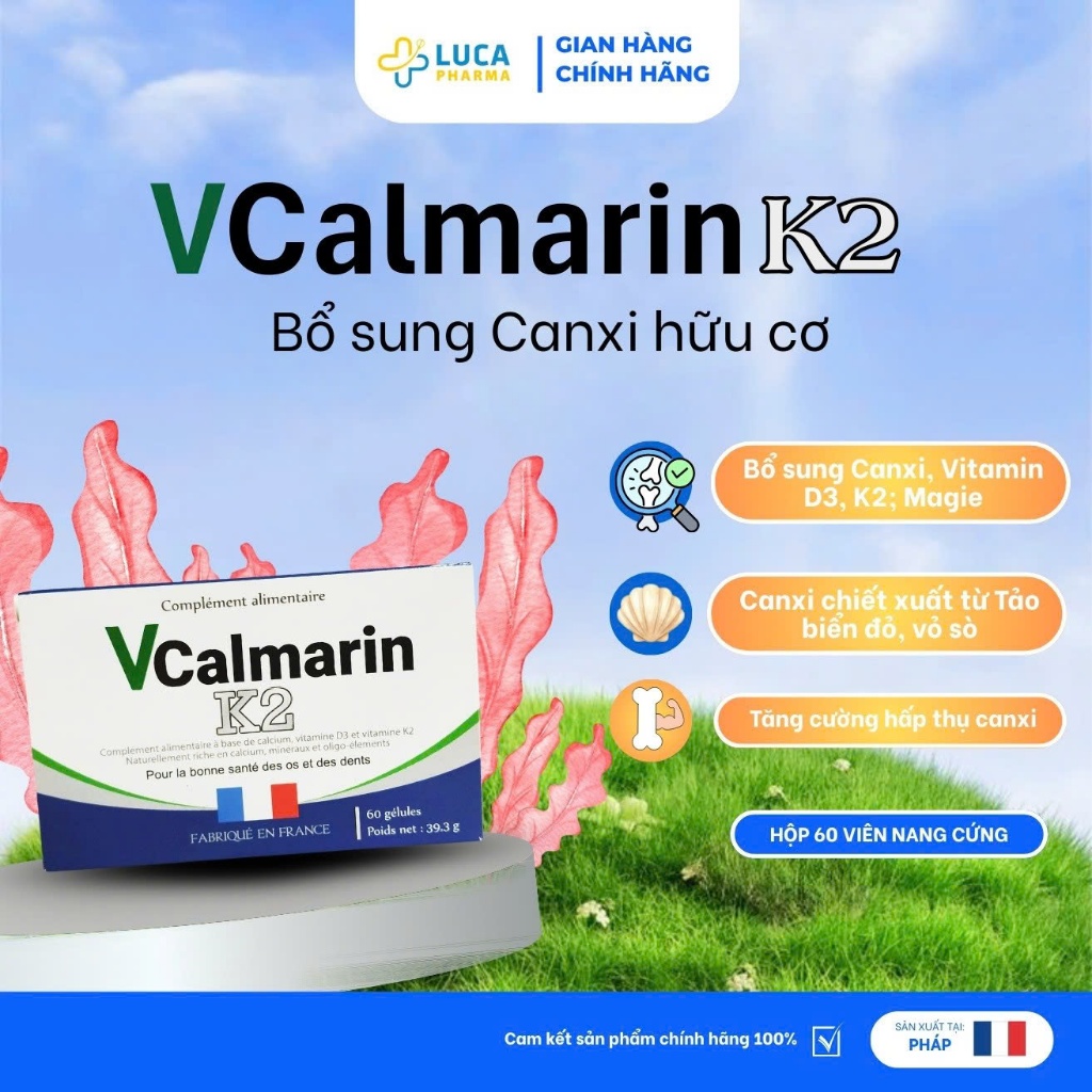 Viên Uống Canxi Vcalmarin K2 Hỗ Trợ Bổ Sung Canxi, D3, K2-MK7 Hộp 60 Viên Nang Cứng