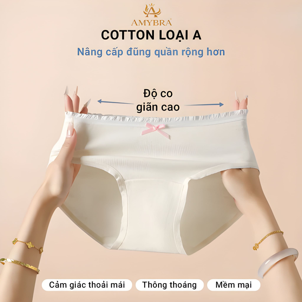 Quần Lót Nữ Cotton Viền Ren Đính Nơ Dễ Thương - Quần Chip Nữ Cạp Vừa Kháng Khuẩn AMYBRA L4119