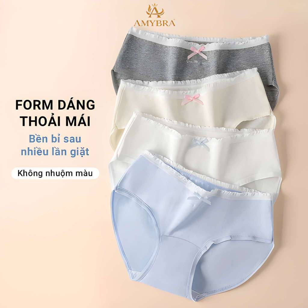 Quần lót nữ cotton kháng khuẩn thấm hút tốt, Quần Chíp nữ viền bèo kèm nơ dễ thương AMYBRA L4119