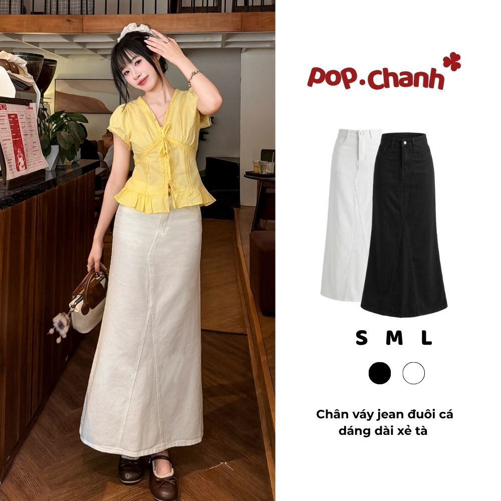 Chân váy jean đuôi cá Pop Chanh dáng dài xẻ tà có túi cạp cao hack dáng che khuyết điểm CV121