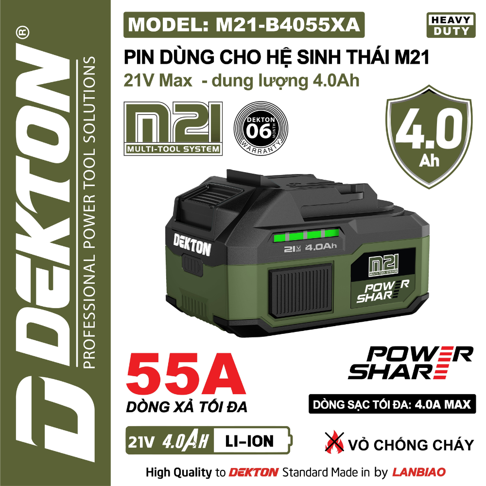 (SHIP TOÀN QUỐC) PIN DEKTON M21-B4055A  4.0AH -DÒNG XẢ MAX 65A, 10CELL, VỎ CHỐNG CHÁY.
