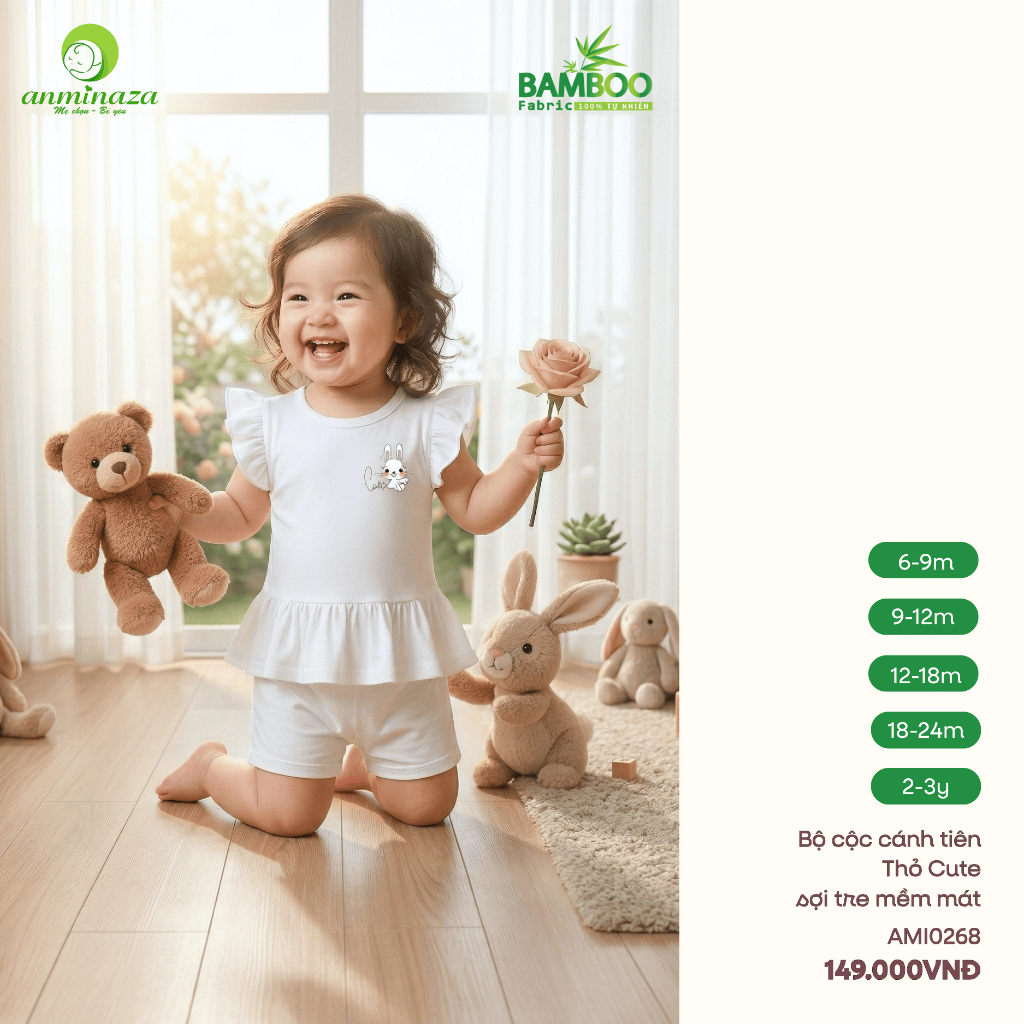 [Anminaza] Bộ Cộc Tay Cánh Tiên Cho Bé Gái Anminaza Vải Sợi Tre Mềm Mại Thấm Hút Tốt AMI0268