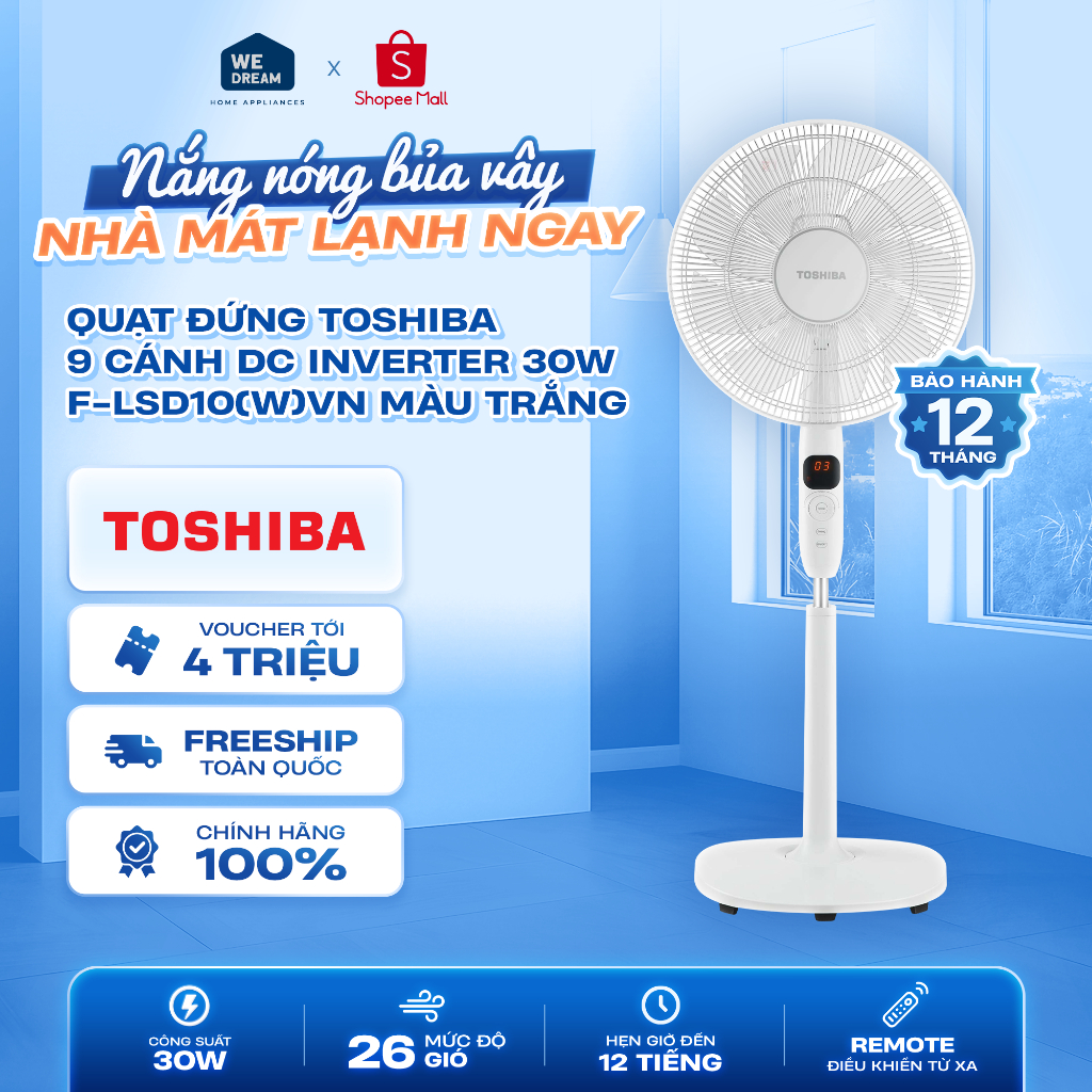 F-LSD10(W)VN - Quạt Đứng Toshiba 9 Cánh DC Inverter 30W F-LSD10(W)VN - Hàng Chính Hãng, Mới 100%