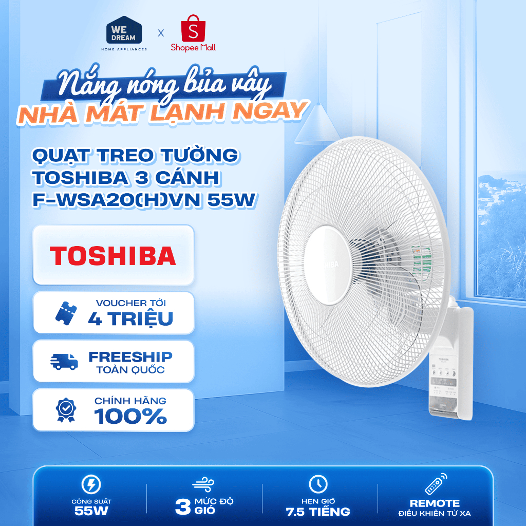 F-WSA20(H)VN - Quạt Treo Tường Toshiba 3 Cánh F-WSA20(H)VN 55W - Hàng Chính Hãng, Mới 100%