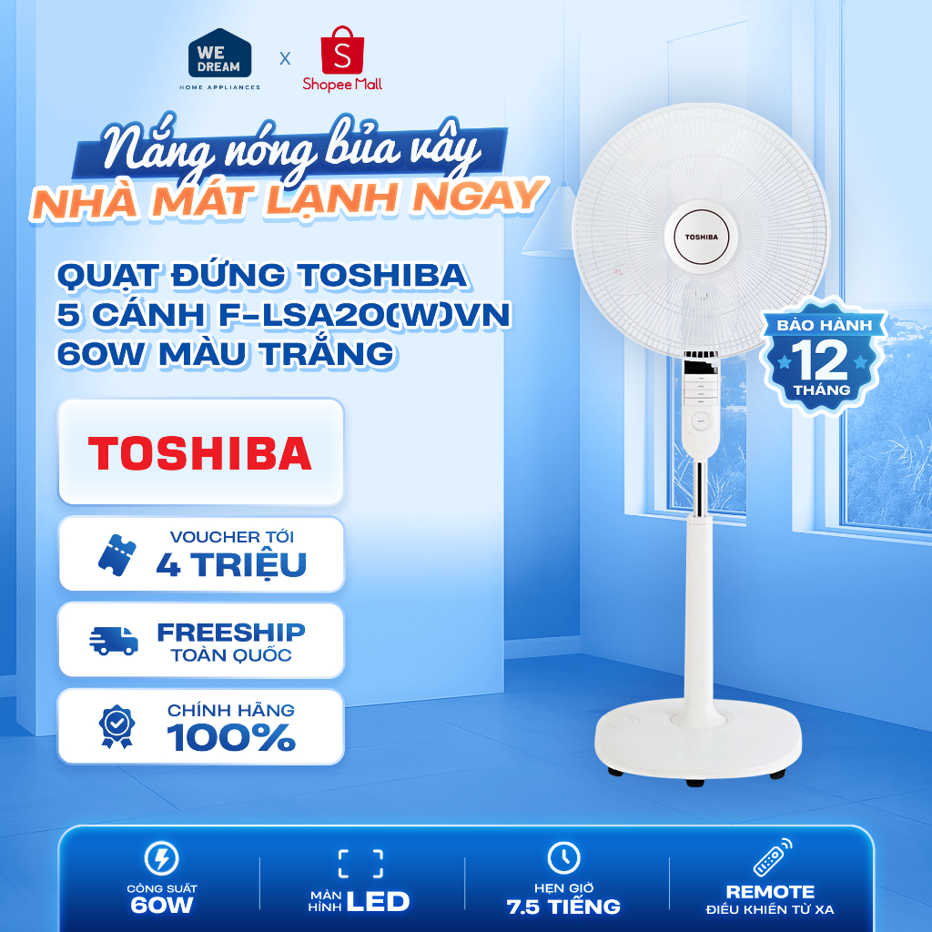 F-LSA20(W)VN - Quạt Đứng Toshiba 5 Cánh F-LSA20(W)VN 60W - Hàng Chính Hãng, Mới 100%