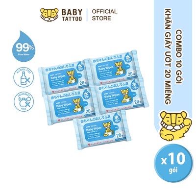 BABY TATTOO Combo 10 Khăn Giấy Ướt Cao Cấp Không Mùi, Nhỏ Gọn Tiện Lợi, Lành Tính Cho Da Nhạy Cảm, Gói 20 miếng