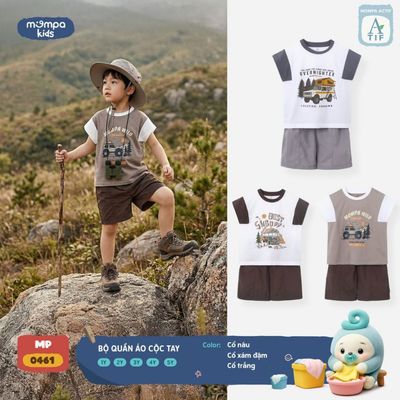Bộ cộc tay cho bé Mompa sát 1-5 tuổi vải Cotton Actif co giãn thoáng khí nhanh khô MP 0461