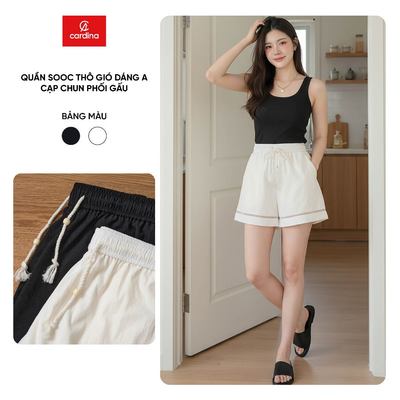 Quần đùi sooc nữ CARDINA chất liệu thô gió dáng A cạp chun phối gấu 6QSA07