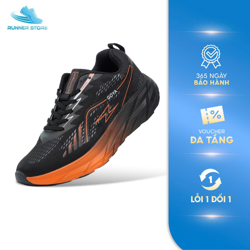 Giày thể thao chạy bộ Goya Training Plus năm 2026 màu Đen cam - Êm ái, vải dệt 3 lớp thoáng khí