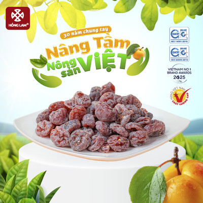 Ô mai (xí muội) mơ Hồng Lam 3, dạng hộp và gói. Có vị chua, cay, mặn ngọt