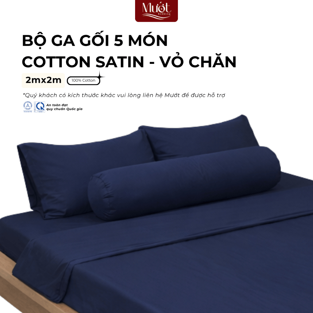 Bộ chăn ga gối 5 món nệm kích thước 2mx2m Cotton Satin Mướt Bedding cao cấp trơn màu