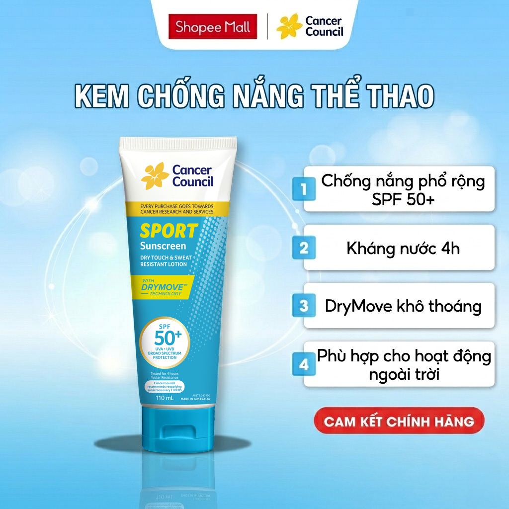 Kem Chống Nắng Thể Thao Cancer Council Sport Sunscreen SPF50+ Kháng Nước 4H, Thấm Nhanh 110ml