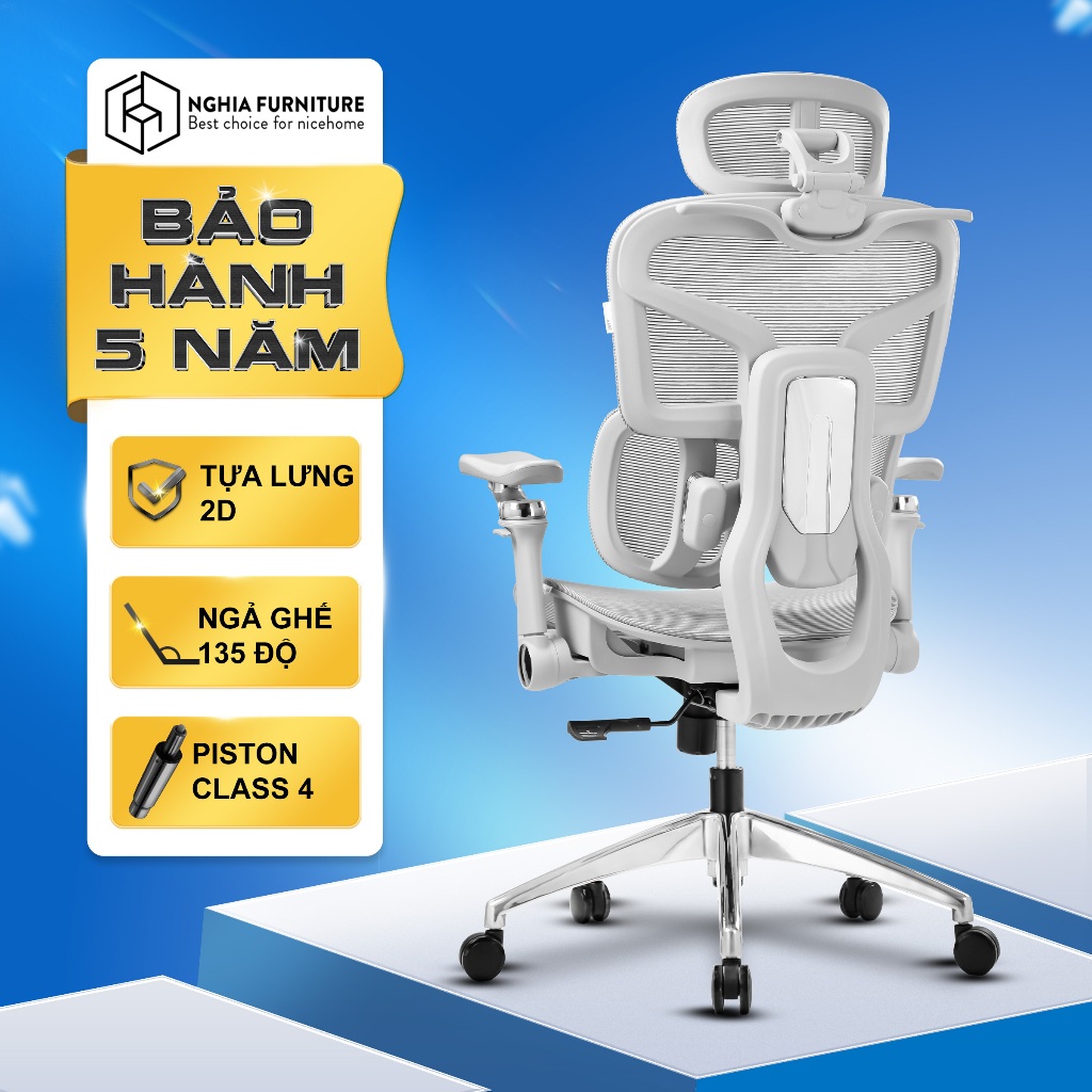 Ghế công thái học Nghia Furniture Tanji, Tựa lưng 2D cực Fit, ngả ghế 135 độ, piston class 4